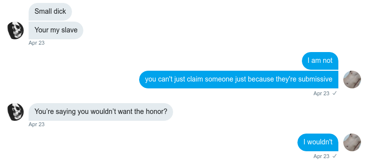 Screenshot of DMs. *Them*: Small dick. Your my slave. *Me*: I am not. you can't just claim someone just because they're submissive *Them*: You're saying you wouldn't want the honor? *Me*: I wouldn't