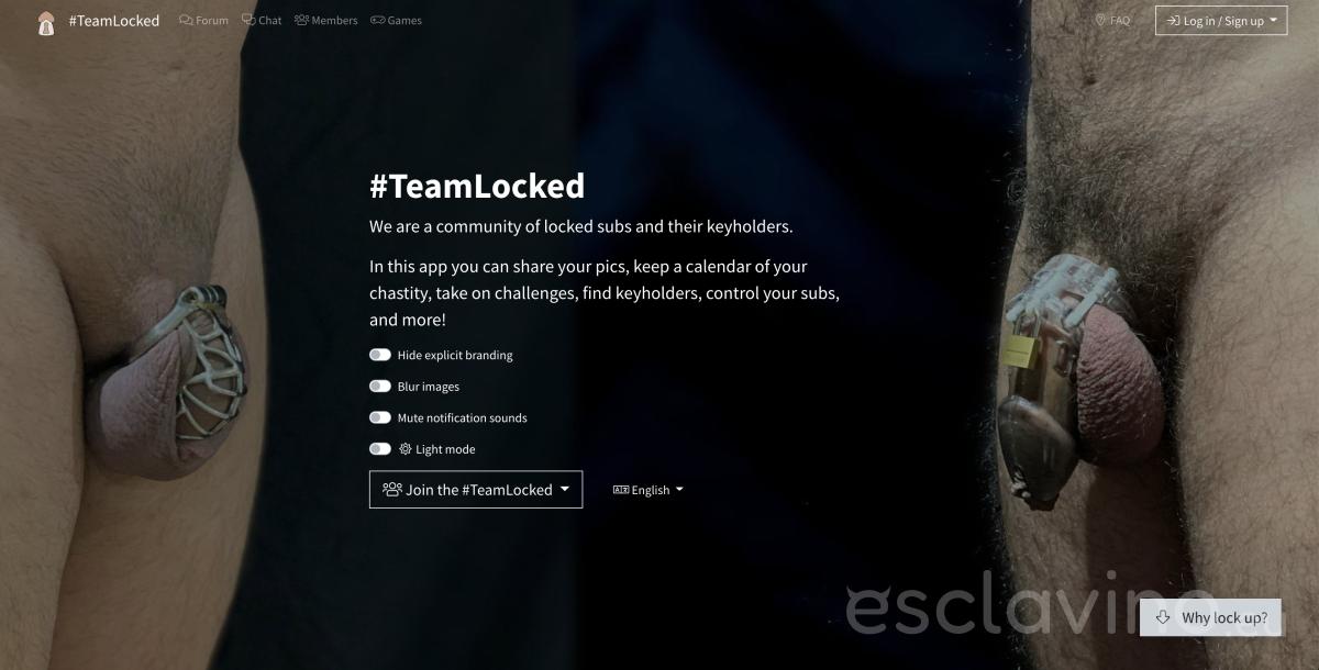 Screenshot of the homepage: two locked dicks in the background, text: #TeamLocked: Let's build a community of locked subs